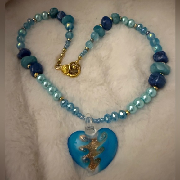 Blue Glass Beads Stones Heart Pendant Necklace - Picture 4 of 7